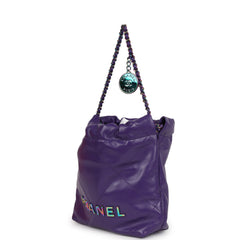Chanel Mini 22 Bag Dark Purple Lambskin Rainbow Hardware