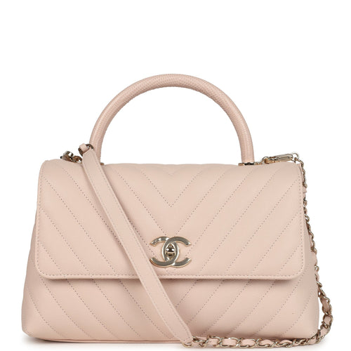 Chanel Small Coco Top Handle Flap Bag Light Beige Chevron Caviar Light Gold Hardware