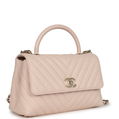 Chanel Small Coco Top Handle Flap Bag Light Beige Chevron Caviar Light Gold Hardware