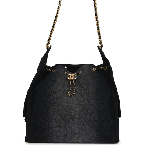 Chanel Large 25 Hobo Bag Black Washed Denim Antique Gold Hardware