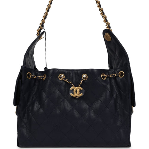 Chanel Small 25 Hobo Bag Dark Navy Caviar Antique Gold Hardware