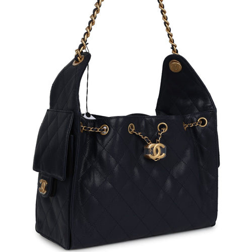 Chanel Small 25 Hobo Bag Dark Navy Caviar Antique Gold Hardware