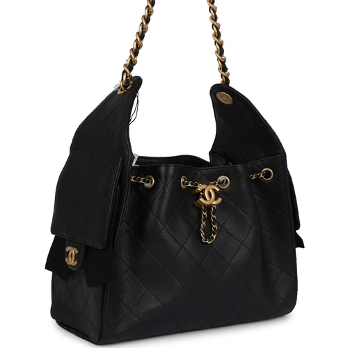 Chanel Small 25 Hobo Bag Black Caviar Antique Gold Hardware