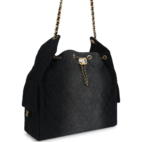 Chanel Large 25 Hobo Bag Black Washed Denim Antique Gold Hardware