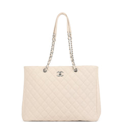 Pre-owned Chanel Large Classic CC Shopping Tote Bag Light Beige Caviar Silver Hardware