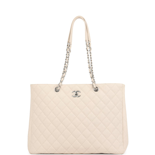 Pre-owned Chanel Large Classic CC Shopping Tote Bag Light Beige Caviar Silver Hardware