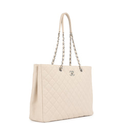 Pre-owned Chanel Large Classic CC Shopping Tote Bag Light Beige Caviar Silver Hardware