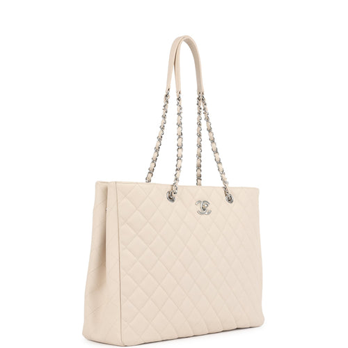 Pre-owned Chanel Large Classic CC Shopping Tote Bag Light Beige Caviar Silver Hardware
