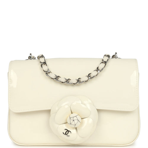 Chanel Mini Camellia Flap Bag Off White Patent Silver Hardware