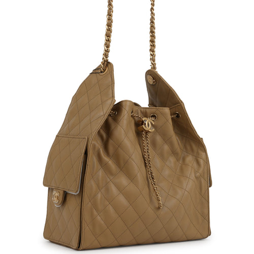 Chanel Medium 25 Hobo Bag Dark Beige Caviar Antique Gold Hardware