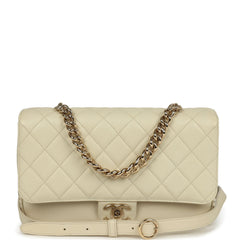 Pre-owned Chanel Large Chain Handle Flap Bag Ivory Caviar and Calfskin Light Gold Hardware