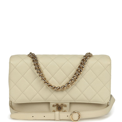 Pre-owned Chanel Large Chain Handle Flap Bag Ivory Caviar and Calfskin Light Gold Hardware