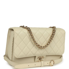 Pre-owned Chanel Large Chain Handle Flap Bag Ivory Caviar and Calfskin Light Gold Hardware