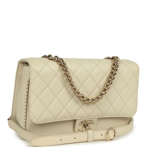 Pre-owned Chanel Large Chain Handle Flap Bag Ivory Caviar and Calfskin Light Gold Hardware