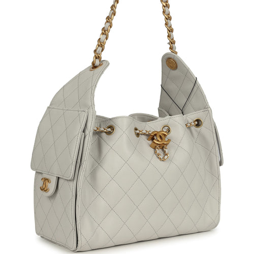 Chanel Small 25 Hobo Bag Light Grey Caviar Antique Gold Hardware