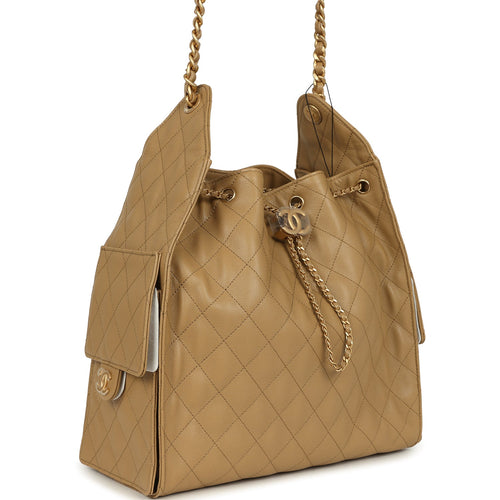 Chanel Medium 25 Hobo Bag Dark Beige Caviar Antique Gold Hardware