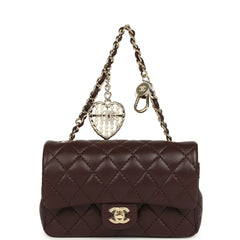 Chanel Nano Classic Double Flap Bag Charm Dark Brown Lambskin Light Gold Hardware