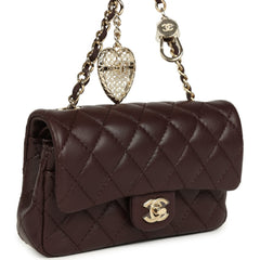 Chanel Nano Classic Double Flap Bag Charm Dark Brown Lambskin Light Gold Hardware