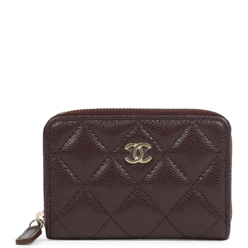 Chanel Classic Zipped Coin Purse Wallet Dark Brown Shiny Caviar Light Gold Hardware