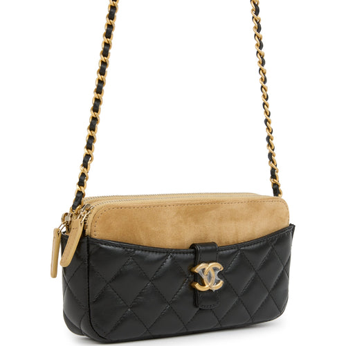 Chanel Double Touch Phone Holder with Chain Black & Brown Shiny Lambskin and Suede Brushed Gold Hardware