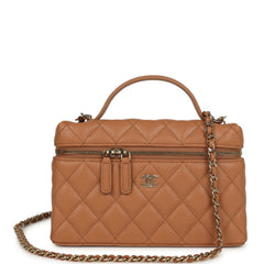 Chanel Top Handle Long Vanity Case with Chain Caramel Shiny Caviar Light Gold Hardware