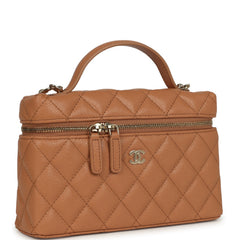 Chanel Top Handle Long Vanity Case with Chain Caramel Shiny Caviar Light Gold Hardware