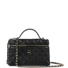 Chanel Top Handle Long Vanity Case with Chain Black Shiny Caviar Light Gold Hardware