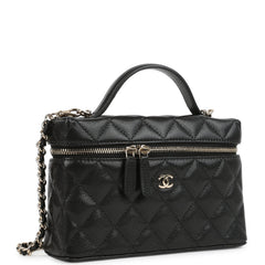 Chanel Top Handle Long Vanity Case with Chain Black Shiny Caviar Light Gold Hardware