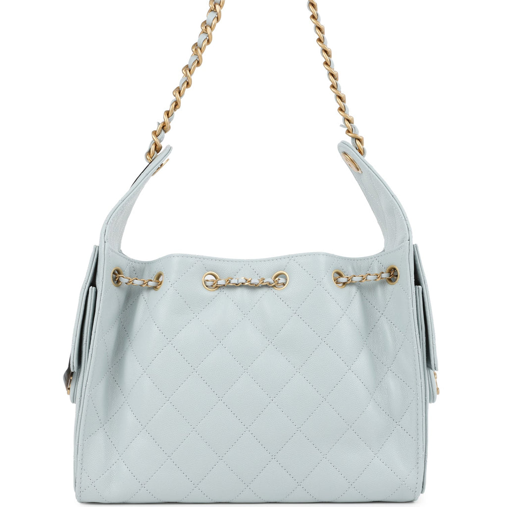 Chanel Small 25 Hobo Bag Light Blue Caviar Antique Gold Hardware