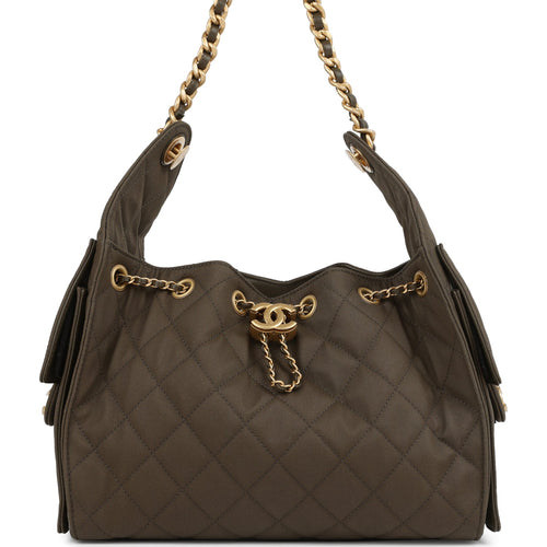 Chanel Small 25 Hobo Bag Khaki Toile Canvas Antique Gold Hardware