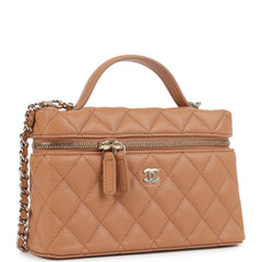 Chanel Top Handle Long Vanity Case with Chain Caramel Shiny Caviar Light Gold Hardware