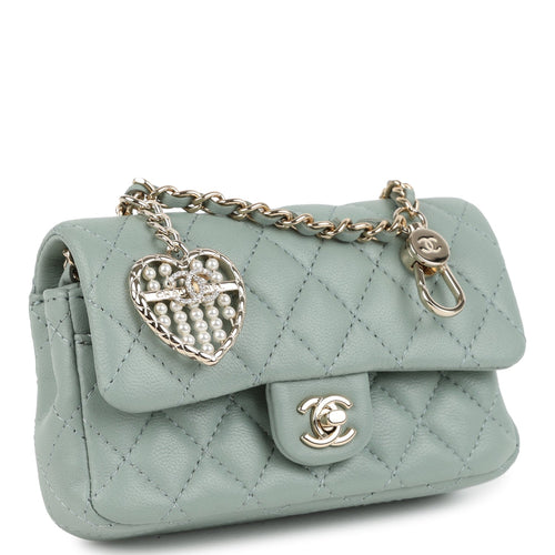 Chanel Nano Classic Double Flap Bag Charm Dark Green Lambskin Light Gold Hardware