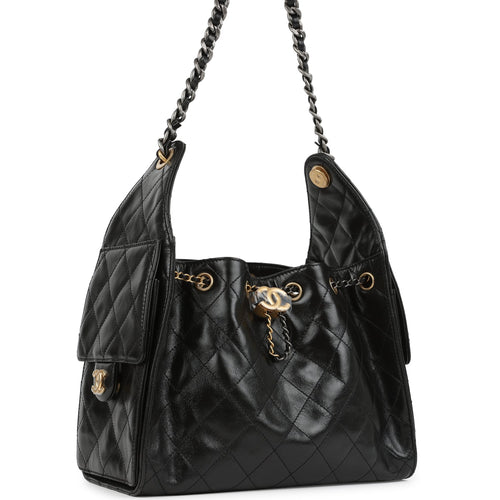 Chanel Small 25 Hobo Bag Black Shiny Crumpled Calfskin Mixed Metal Hardware