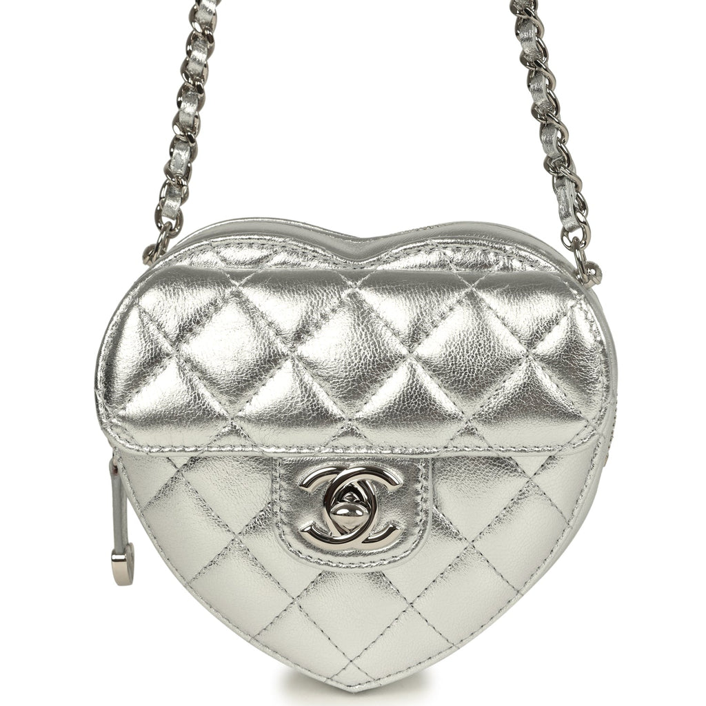 Chanel CC In Love Small Heart Bag with Chain Silver Metallic Lambskin