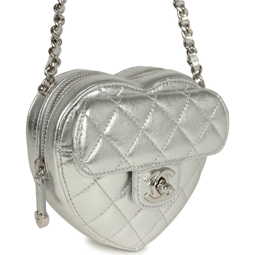 Chanel CC In Love Small Heart Bag with Chain Silver Metallic
