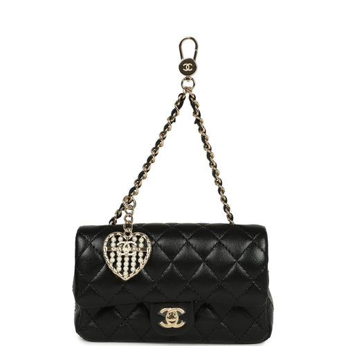 Chanel Nano Classic Double Flap Bag Charm Black Lambskin Light Gold Hardware