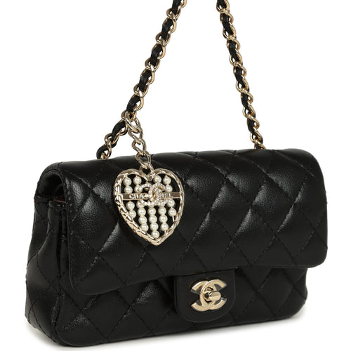 Chanel Nano Classic Double Flap Bag Charm Black Lambskin Light Gold Hardware