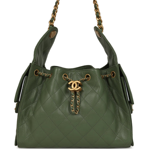 Chanel Small 25 Hobo Bag Khaki Caviar Antique Gold Hardware