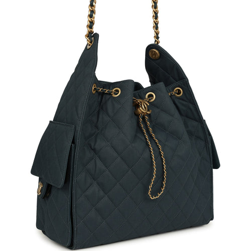 Chanel Medium 25 Hobo Bag Dark Blue Toile Canvas Antique Gold Hardware