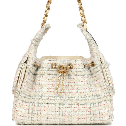 Chanel Small 25 Hobo Bag White Multicolored Tweed Antique Gold Hardware
