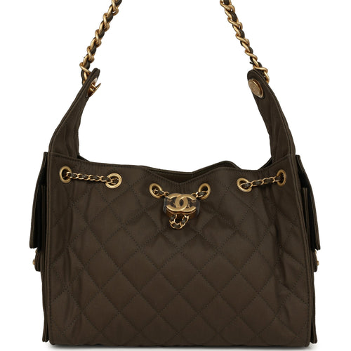 Chanel Small 25 Hobo Bag Khaki Toile Canvas Antique Gold Hardware