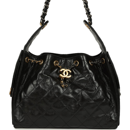 Pre-owned Chanel Small 25 Hobo Bag Black Shiny Crumpled Calfskin Mixed Metal Hardware