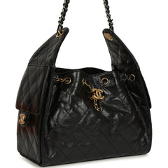 Pre-owned Chanel Small 25 Hobo Bag Black Shiny Crumpled Calfskin Mixed Metal Hardware