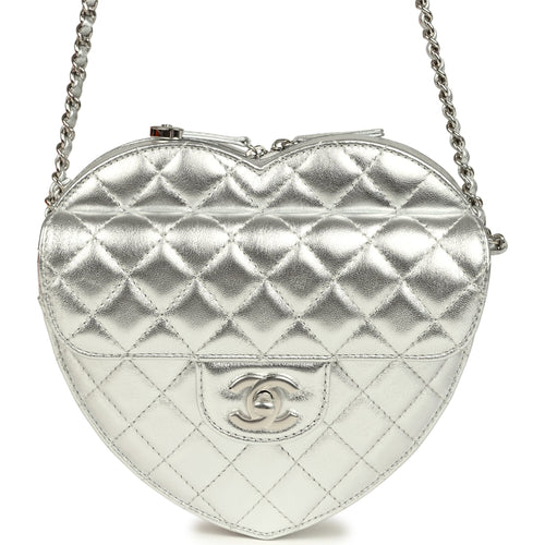 Chanel CC In Love Large Heart Bag with Chain Silver Metallic Lambskin Silver Hardware