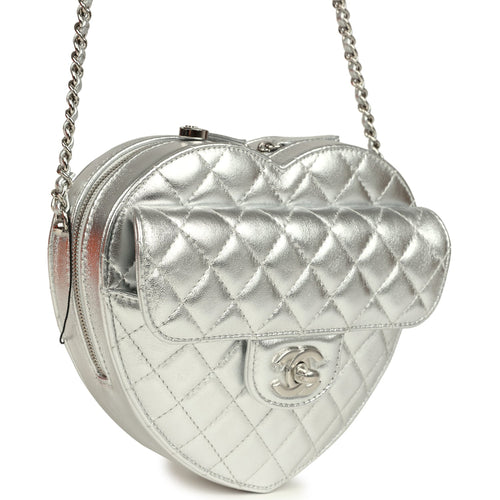 Chanel CC In Love Large Heart Bag with Chain Silver Metallic Lambskin Silver Hardware