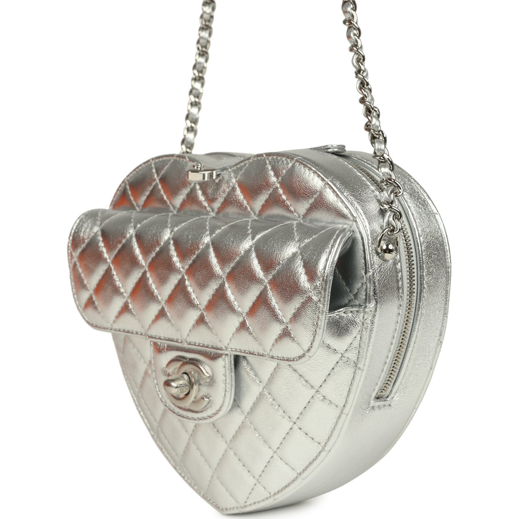 Chanel CC In Love Large Heart Bag with Chain Silver Metallic Lambskin
