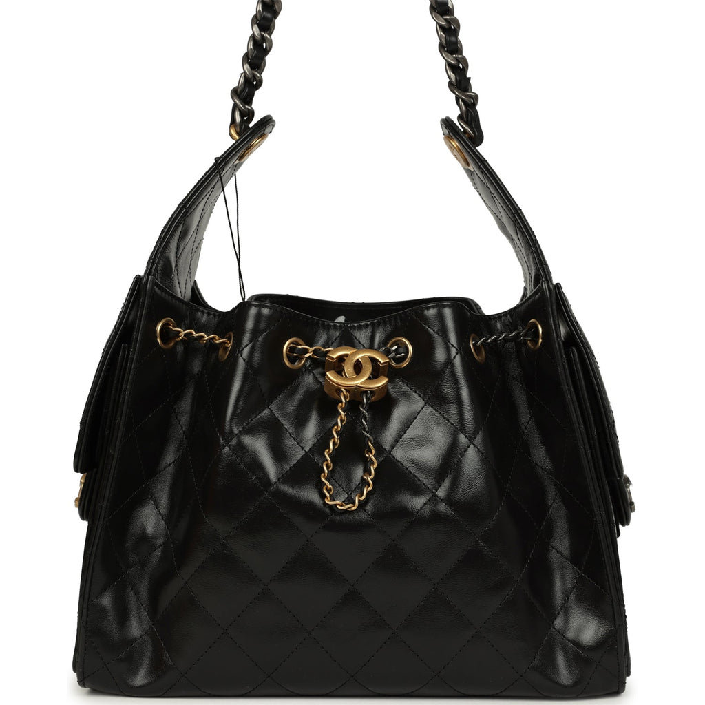 Chanel Small 25 Hobo Bag Black Shiny Crumpled Calfskin Mixed Metal Har