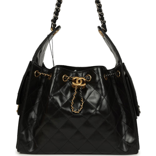 Chanel Small 25 Hobo Bag Black Shiny Crumpled Calfskin Mixed Metal Hardware