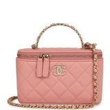 Chanel Flower Top Handle Long Vanity Case with Chain Pink Lambskin Light Gold Hardware