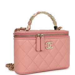 Chanel Flower Top Handle Long Vanity Case with Chain Pink Lambskin Light Gold Hardware